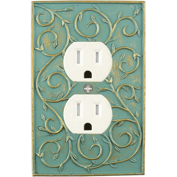 Meriville French Scroll Electrical Outlet Wall Plate Cover, Hand Painted Single Duplex receptacle outlet cover, Buckingham Green with Gold