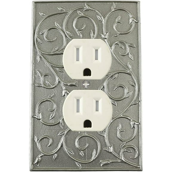 Meriville French Scroll Electrical Outlet Wall Plate Cover, Hand Painted Single Duplex receptacle outlet cover, Pewter