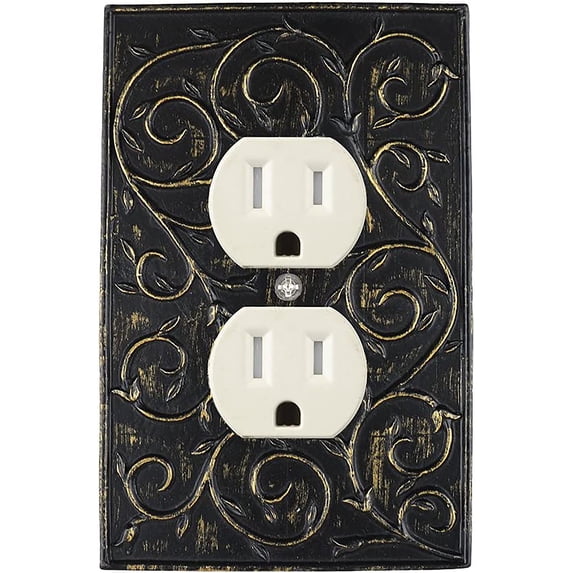 MERIVILLE French Scroll Duplex Outlet Wall Plate, Decorative Electrical Receptacle Cover, Pompeii Gold