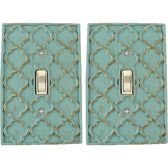 Meriville Pack of 2 Moroccan 1 Toggle Wallplate, Single Switch Electrical Cover Plate, Buckingham Green with Gold
