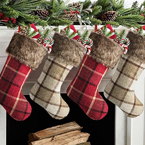 Meriwoods Chirstmas Stockings, 18 Inches 4 Pack Rustic Xmas Stockings with Burlap Buffalo Plaid and Plush Faux Fur, Holiday Decorations for Family Farmhouse Home$$Home Decor, Kitchen, & Other