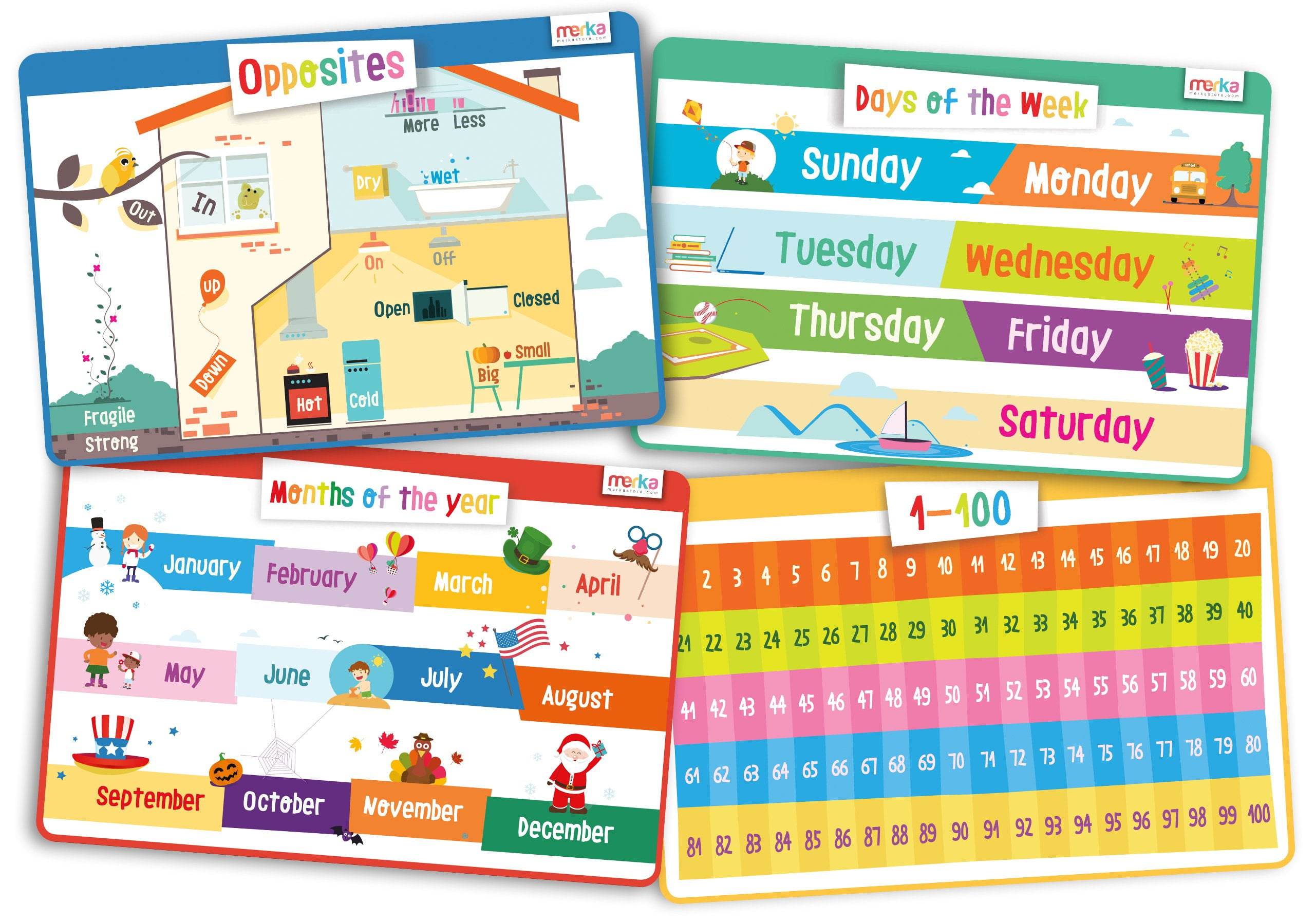 Merka Educational Kids Placemats Set of 4 Days, Weeks, Numbers and