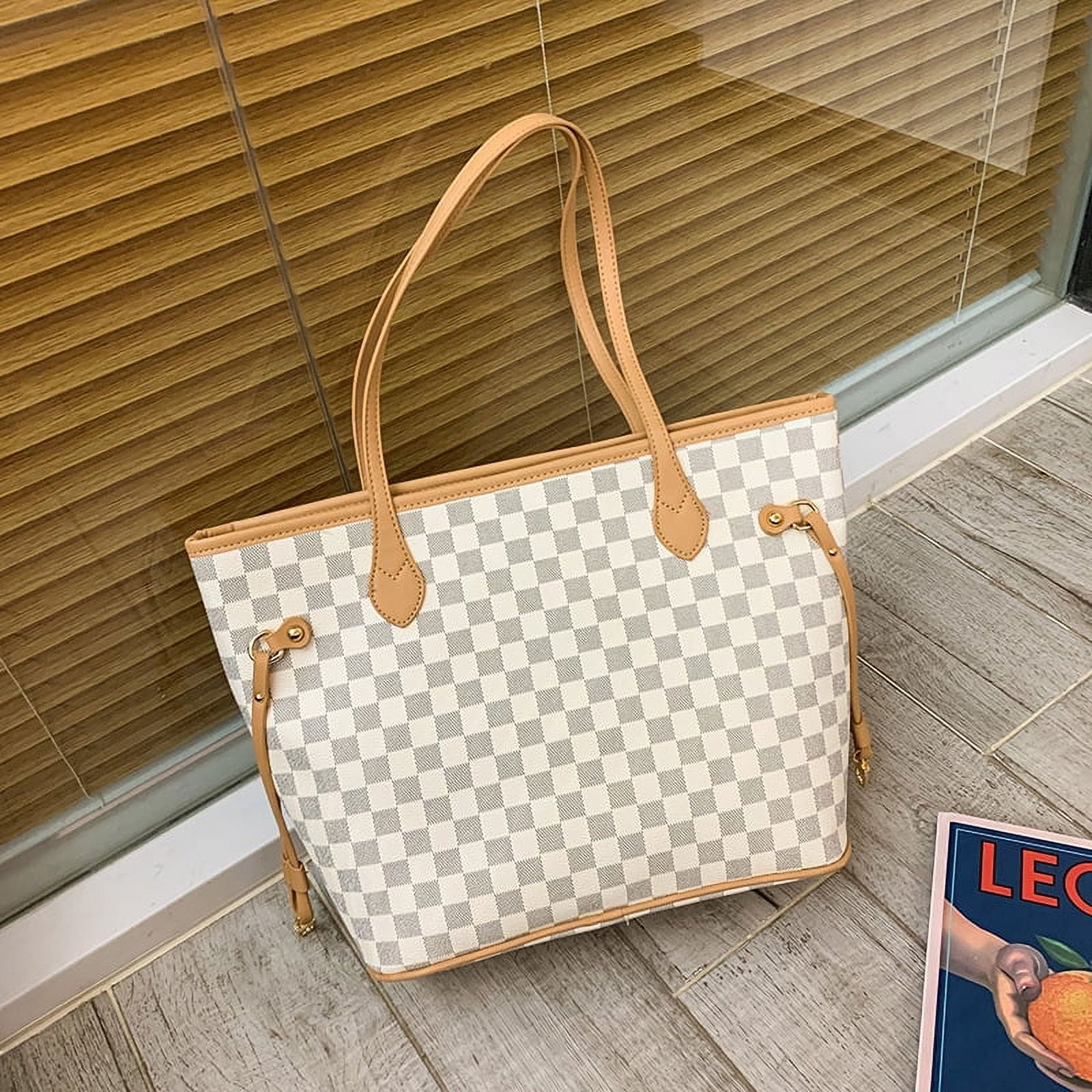 Womens White Checkered Tote Shoulder Bag Purse With Inner Pouch - PU Vegan  Leather Shoulder Satchel Fashion Bags, (16.5 X 6.3 X 11)