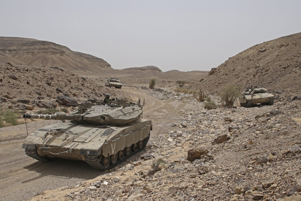 Merkava III main battle tanks in the Negev Desert Israel Canvas Art - Ofer ZidonStocktrek Images (34 x 23)