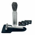thumbnail image 1 of Men’s Travel Shaving Set – Double Edge Safety Razor with Leather Case, Badger Hair Brush in Aluminum  TravelTube, 30 Platinum Stainless Blades – Portable Wet Shave Kit for Men, 1 of 8