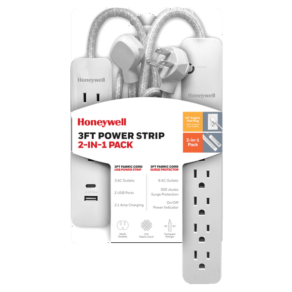 Merkury Honeywell 2-in-1 Pack Power Strips - 6 AC Outlets Surge + 3 AC 2 USB Strip (1 USB-A + 1 USB-C 2.1A) - White, 3FT
