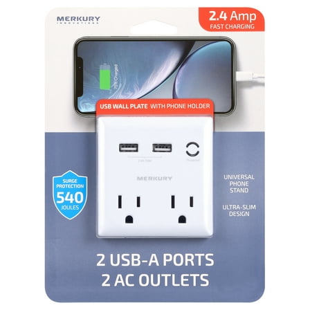 Merkury Innovations 2.4 Amp Wall Charger, 2 Outlets with 2 USB Charging Ports and Phone Stand, White