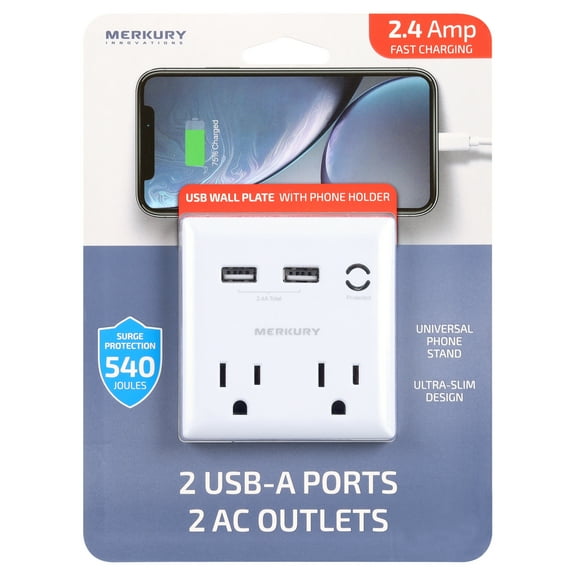 Merkury Innovations 2.4 Amp Wall Charger, 2 Outlets with 2 USB Charging Ports and Phone Stand, White