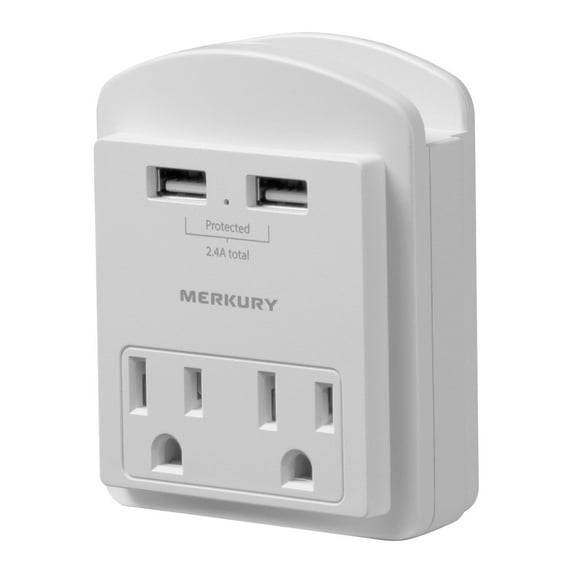 Merkury Innovations 2.4A USB Wall Charger 2-Outlet Extender with 2 USB Charging Ports and Phone Stand, White