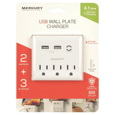 Merkury Innovations 3.1 Amp USB Wall Charger 3-Outlet Extender with 2 USB Charging Ports and Phone Stand, White