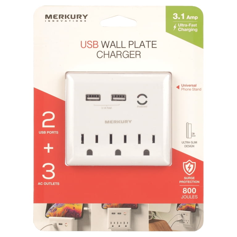 Merkury Innovations 3.1 Amp USB Wall Charger 3-Outlet Extender
