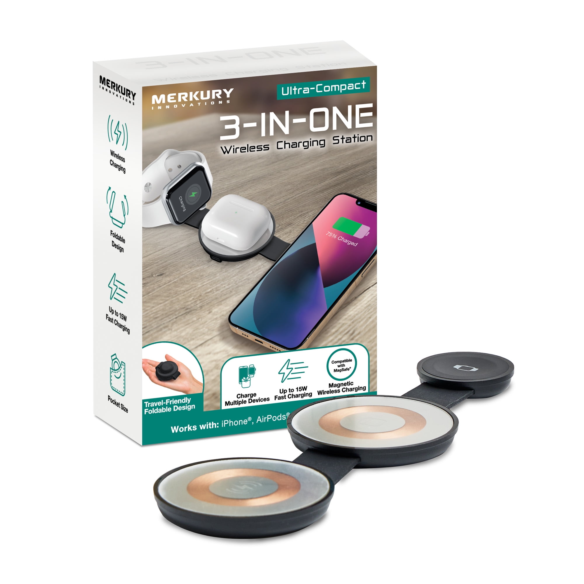 Merkury Innovations 3-in-1 Wireless Charging Station, Fast Magnetic Charger for iPhone, AirPods & Apple Watch, Portable Design