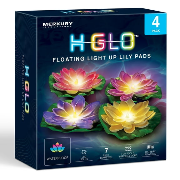 Merkury Innovations 4-Pack 7-Inch Floating LED Lily Pads for Ponds and Pools – Warm White Flickering Lights, Outdoor Water Decoration
