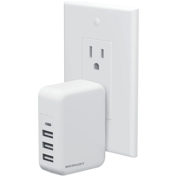 Merkury Innovations 5.4A Wall Charger - 3 USB-A + 1 USB-C, Foldable Plug, White