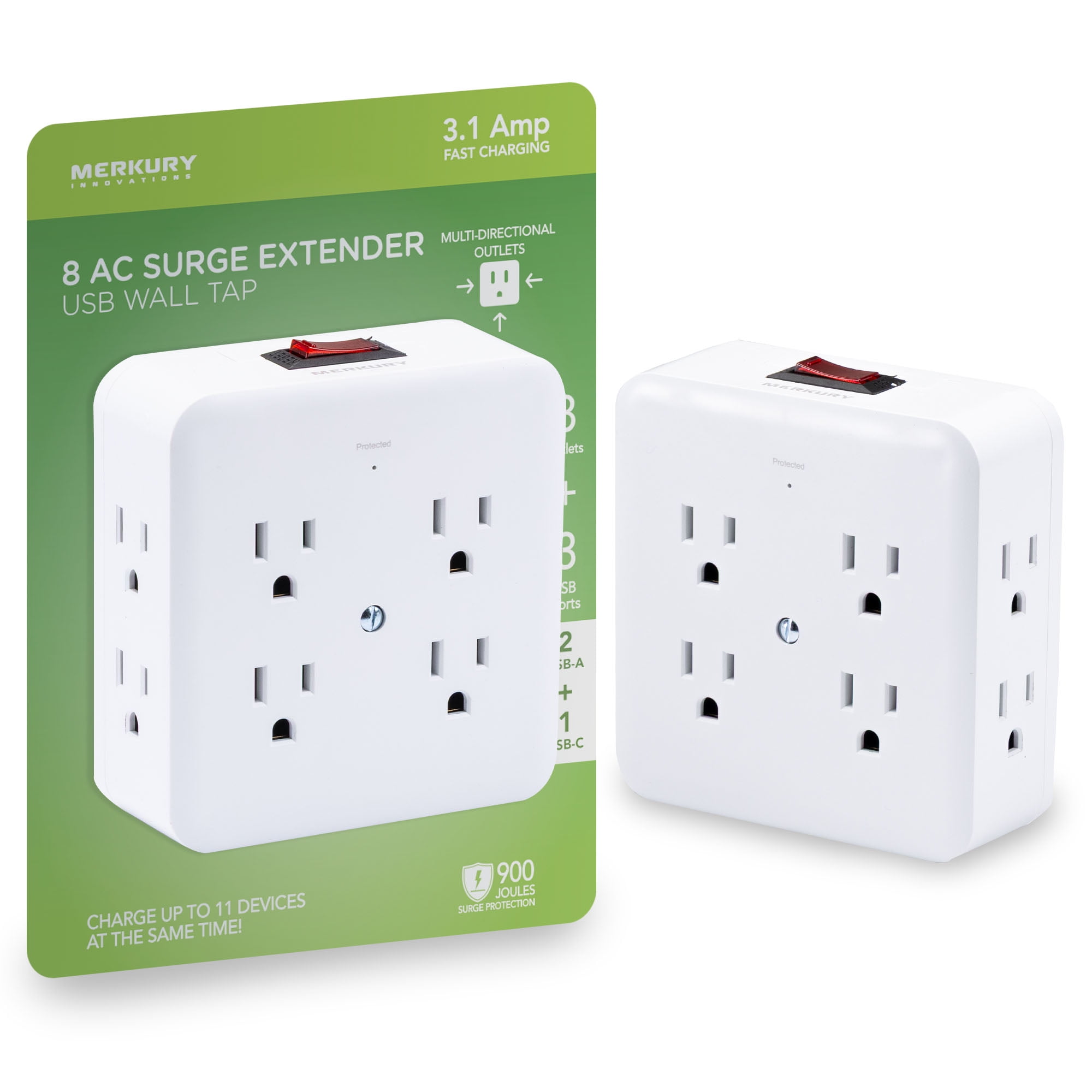 Merkury Innovations 8-Outlet Surge Protector USB Wall Tap, 2 USB-A