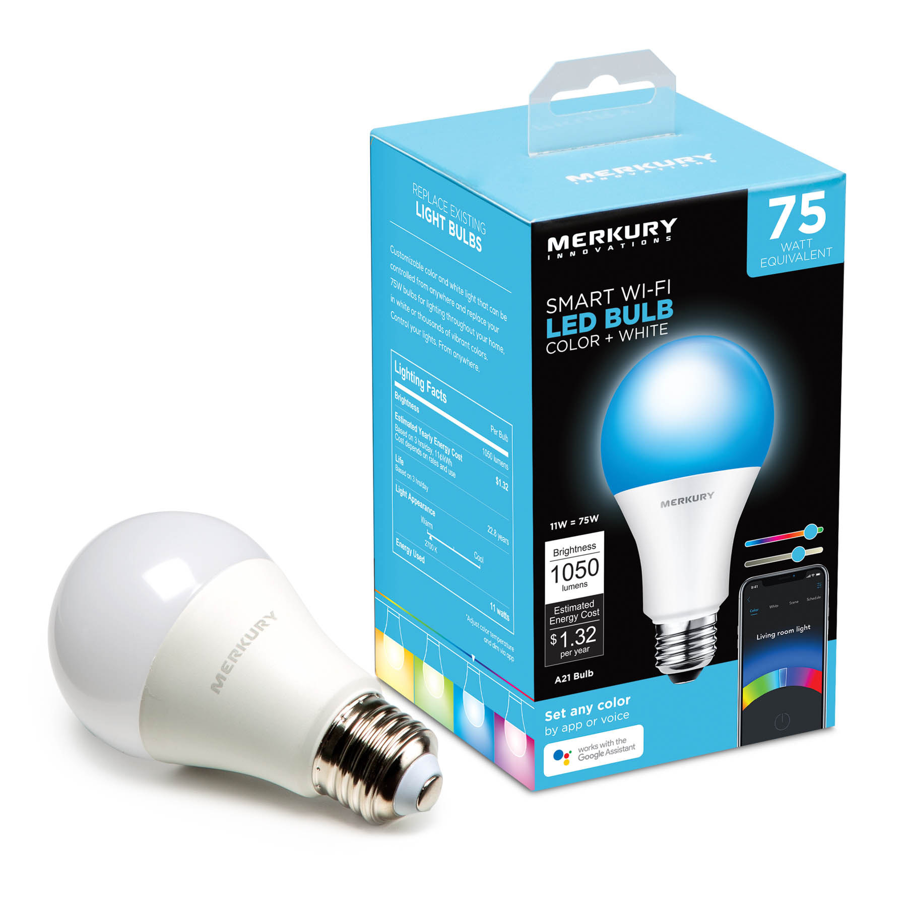 Merkury Innovations A21 Smart Color Light Bulb, 75W Equivalent, Requires 2.4 GHz Wi-Fi - image 1 of 11