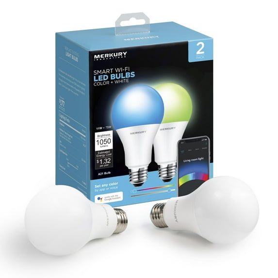 Merkury Innovations A21 Smart Multicolor LED Bulb, 75W, Dimmable, 2-Pack