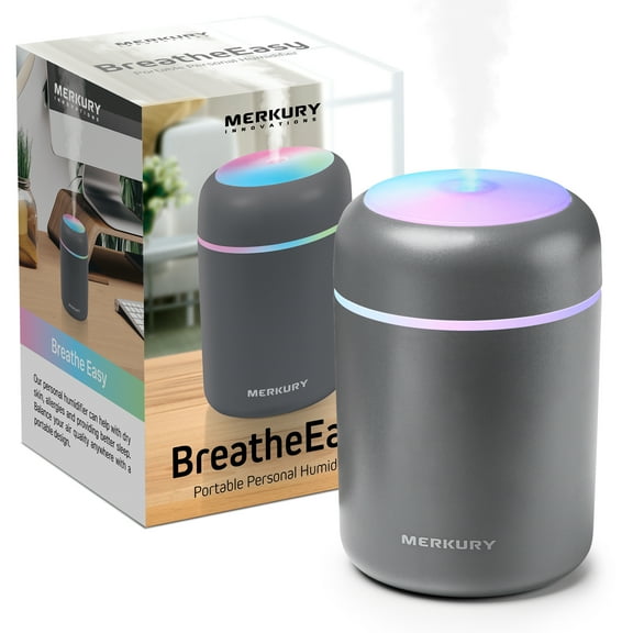 Merkury Innovations Breathe Easy Portable Personal Humidifier, USB Powered, Night Light, Timer Included, For Allergies, Dry Skin and Improved Sleep, Gray