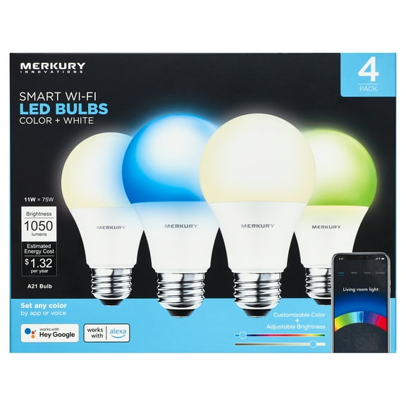 Merkury Innovations Dimmable 60W Equivalent Wi-Fi Smart Bulb, Color, (4 Pack)