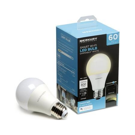 Merkury Innovations Indoor A19 Smart Light Bulb, 60W Dimmable White LED, Requires 2.4GHz WiFi 1-Pack