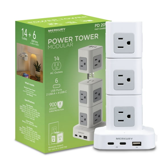 Merkury Innovations Modular Power Tower, 14 AC Outlets, 6 USB-A, 4 USB-C PD 20W, Surge Protector, 4ft Cord, White