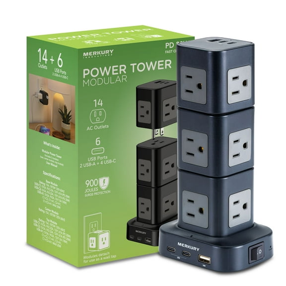 Merkury Innovations Power Tower Surge Protector, 14 AC, 6 USB-A, 4 USB-C, 4ft Cord, Black