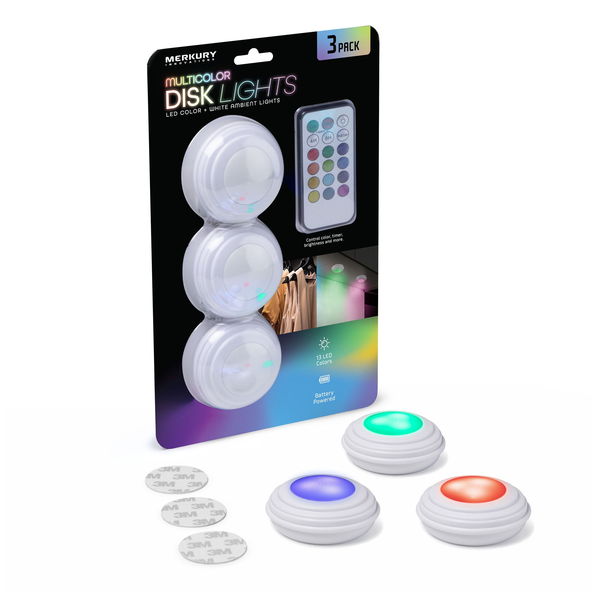 3-Pack Battery-Operated RGBW Magnetic Puck Light with Remote