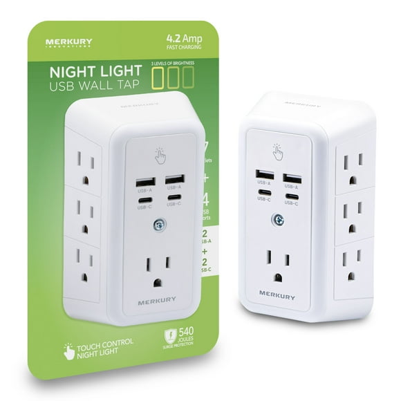 Merkury Innovations Wall Tap Night Light, 7 AC Outlets, 2 USB-A & 2 USB-C, 540J Surge, White