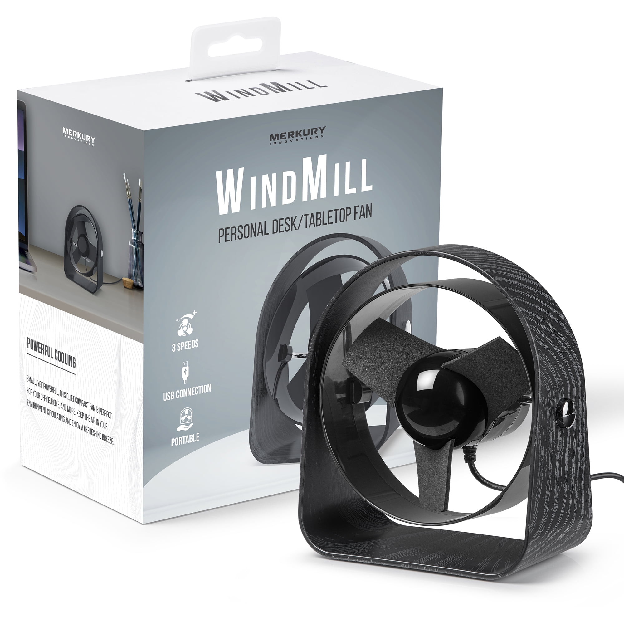 Merkury Innovations Portable Mini Table Top Fan, USBPowered, 3Speed, Softbladed, 360¬∞