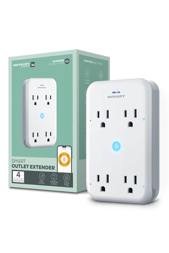 Merkury Innovations Smart 4-Outlet Wall Extender, 15A 1800W, Wi-Fi Enabled, Works with Alexa & Google Assistant White