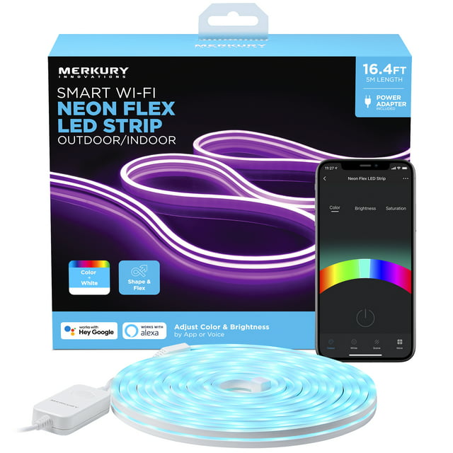 Merkury Innovations Smart Indoor and Outdoor Flex LED Multicolor Neon Strip Light, Weatherproof, RGBW, 16ft Length