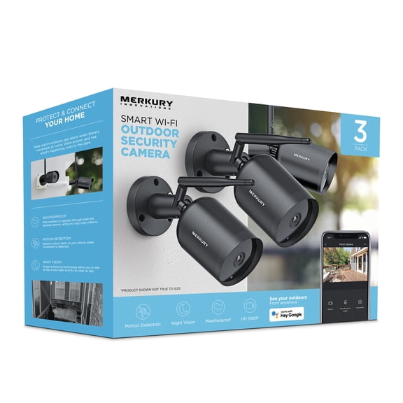 Merkury Innovations Smart Outdoor Camera, 1080p, Weather Resistant, Night Vision with Voice Control (3 Pack) Wifi