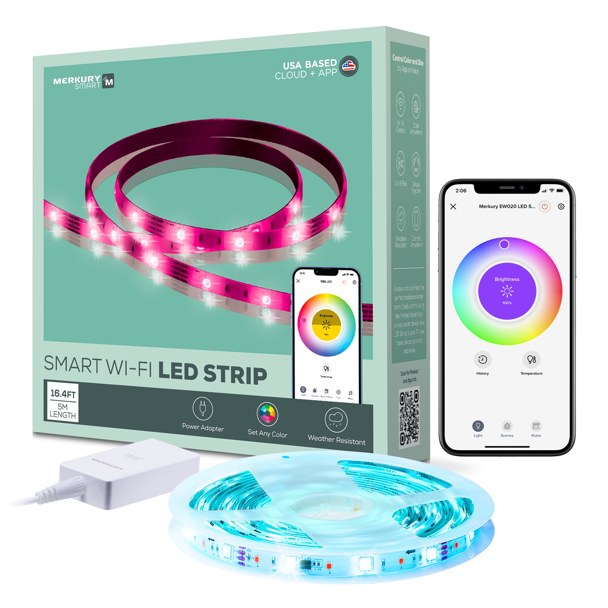 Merkury Smart LED Strip Lights - RGB, 16ft Wi-Fi Dimmable Lighting