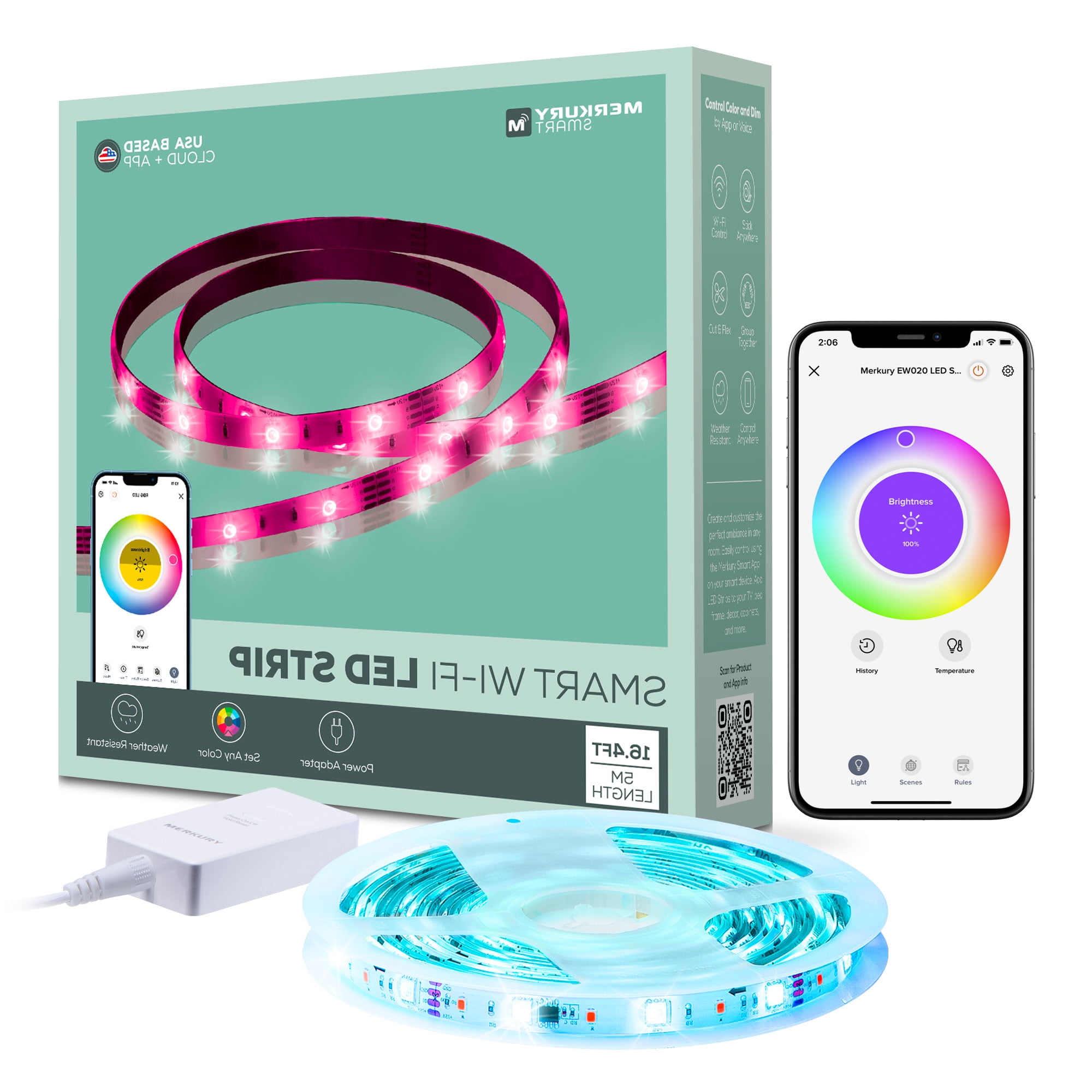 Merkury Smart LED Strip Lights - RGB, 16ft Wi-Fi Dimmable Lighting Kit (1-Pack)