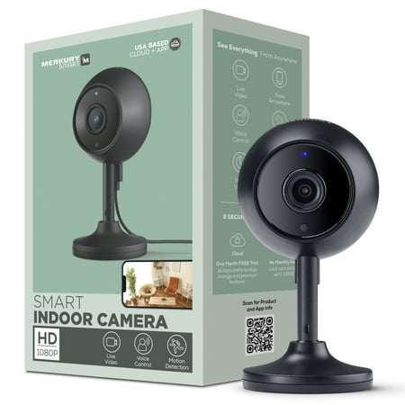 Merkury Smart 1080P Indoor Camera with Voice Control - 2.4 GHz Wi-Fi, Black