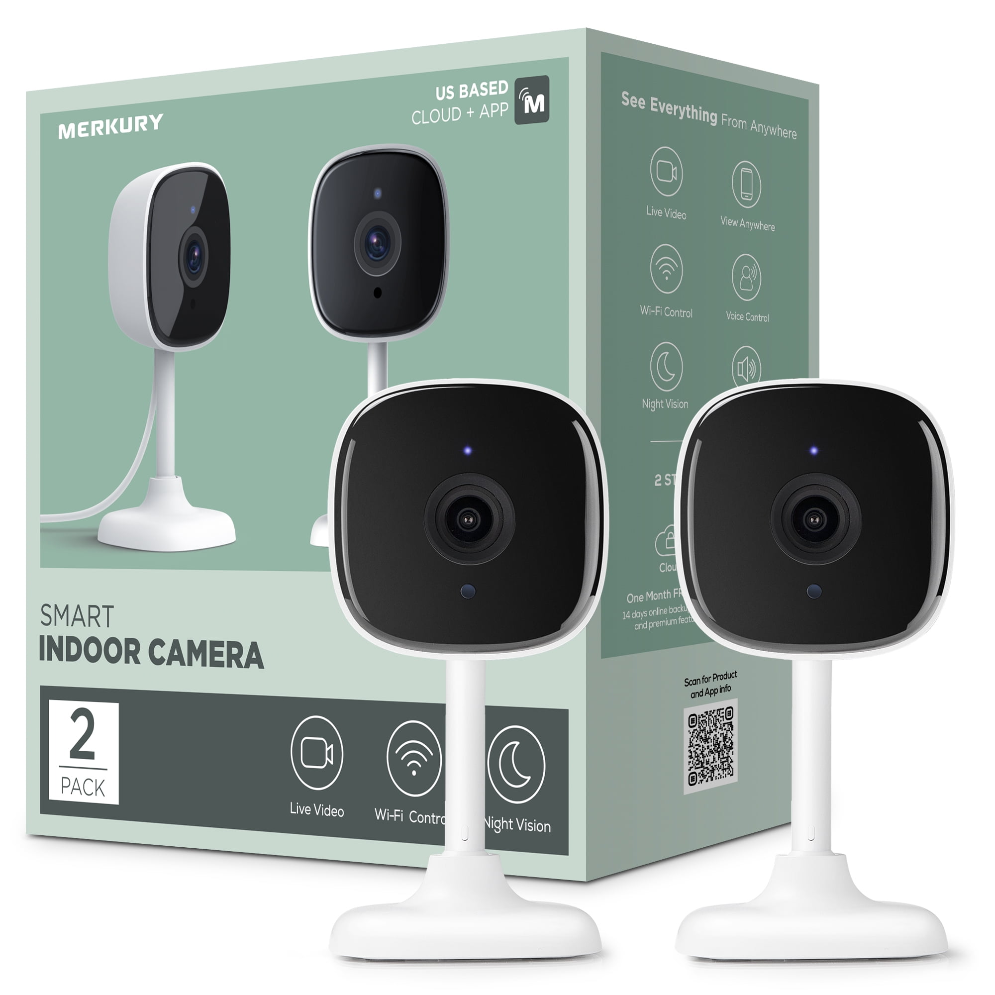 Merkury Smart 1080P Smart Indoor Security Camera with Voice Control - Requires 2.4 GHz Wi-Fi (2 pack), White