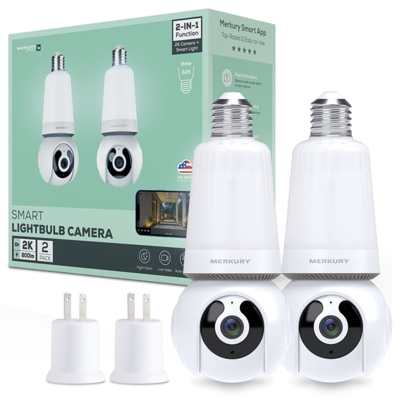 Merkury Smart 2K Light Bulb Cameras, 360° View, WiFi (2 Pack)