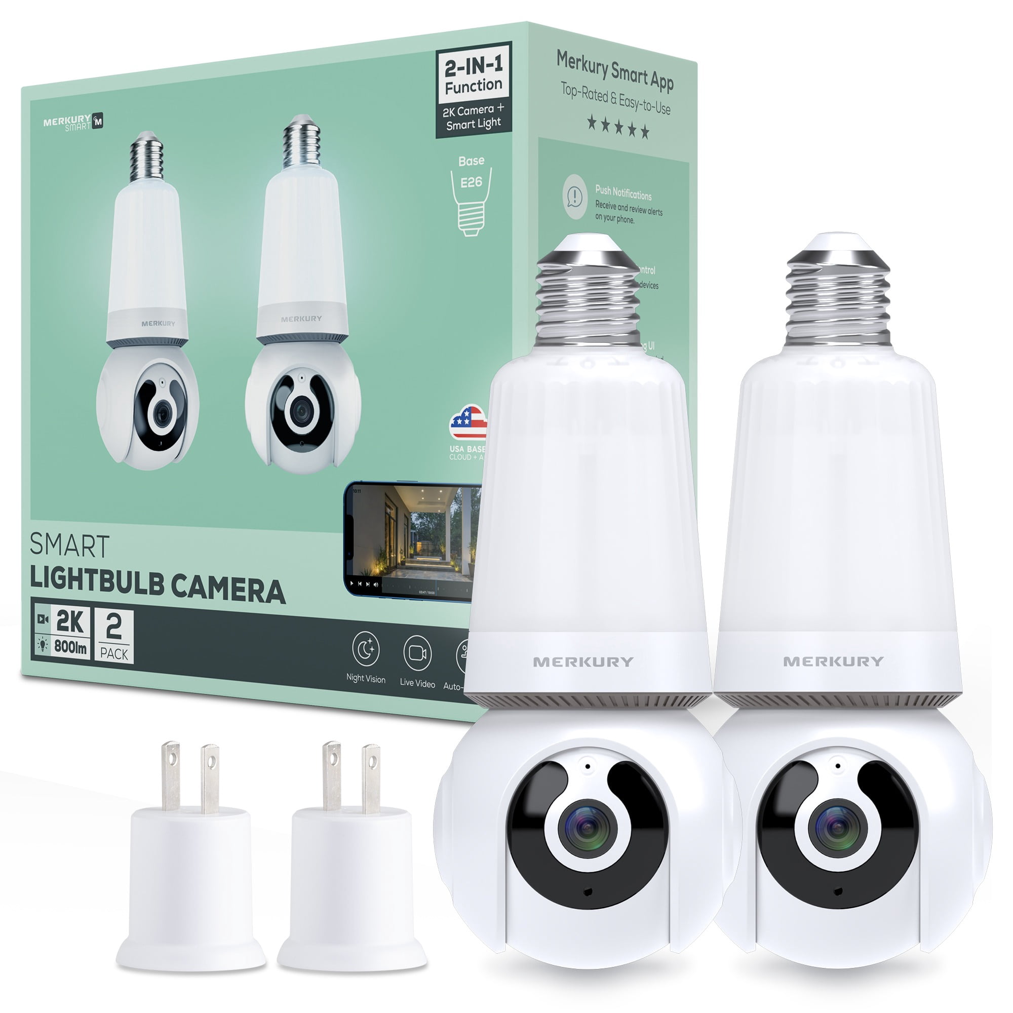 Merkury Smart 2K Light Bulb Cameras, 360° View, WiFi (2 Pack)
