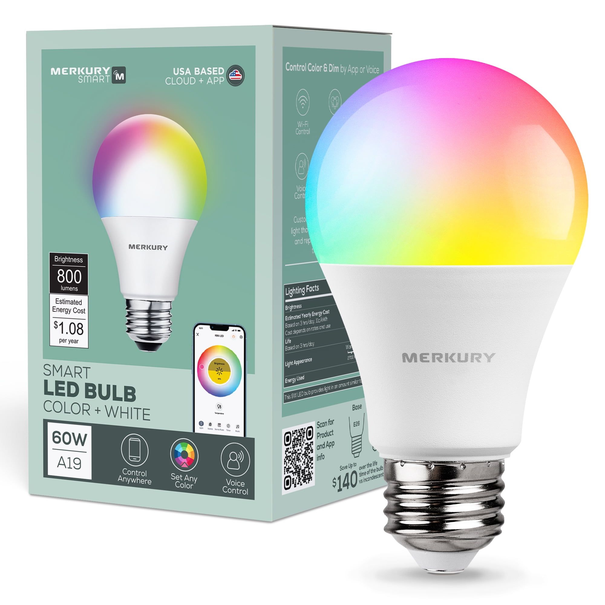Merkury Smart Color Bulb, 9W (60Watt Eqv), A19/E26, RGBW Dimmable Smart