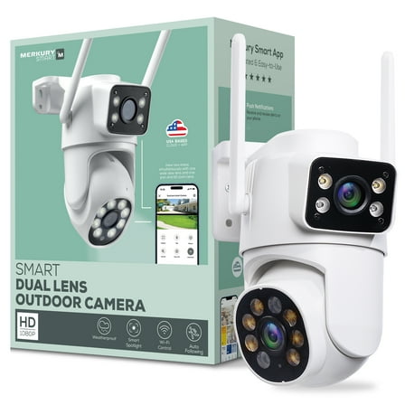 Merkury Smart Outdoor Camera 1080p - Dual Lens Pan-Tilt Security Cam, White (1-Pack)