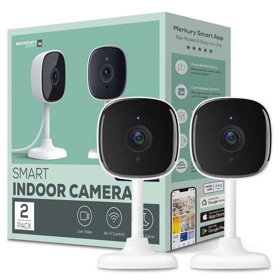 Open Box Merkury Smart MI-CW051-199W 1080P Smart Indoor Camera with Voice Control - Requires 2.4 GHz Wi-Fi (2 Pack)