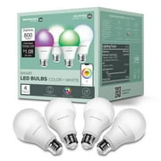 Merkury Smart LED Bulbs - 9W (60W Eqv) RGBW Dimmable A19 Light, E26 Base (4-Pack)