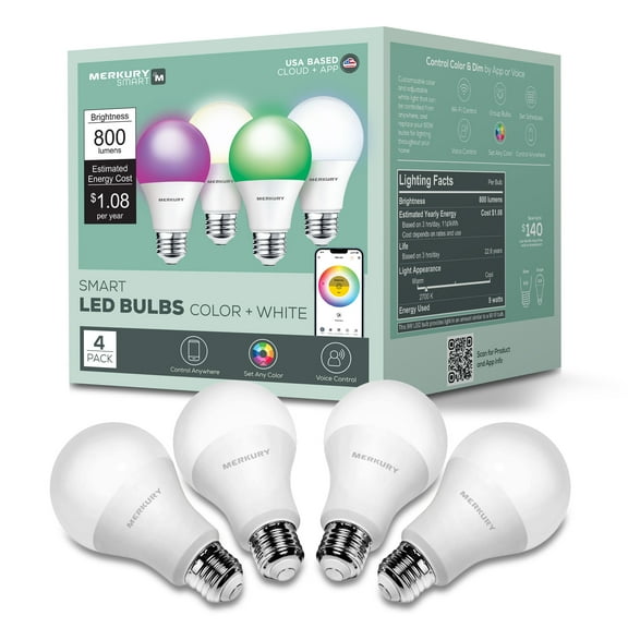 Merkury Smart LED Bulbs - 9W (60W Eqv) RGBW Dimmable A19 Light, E26 Base (4-Pack)