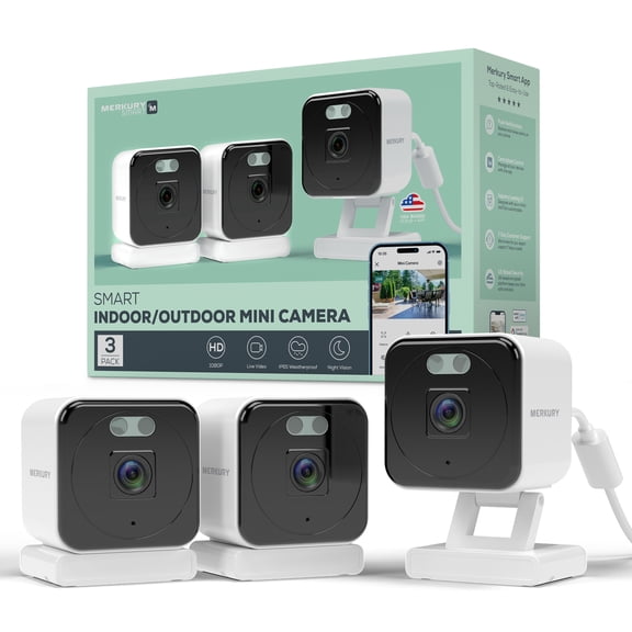 Merkury Smart HD Indoor/Outdoor Mini Security Camera, 1080p, Weatherproof, WiFi, 3-Pack