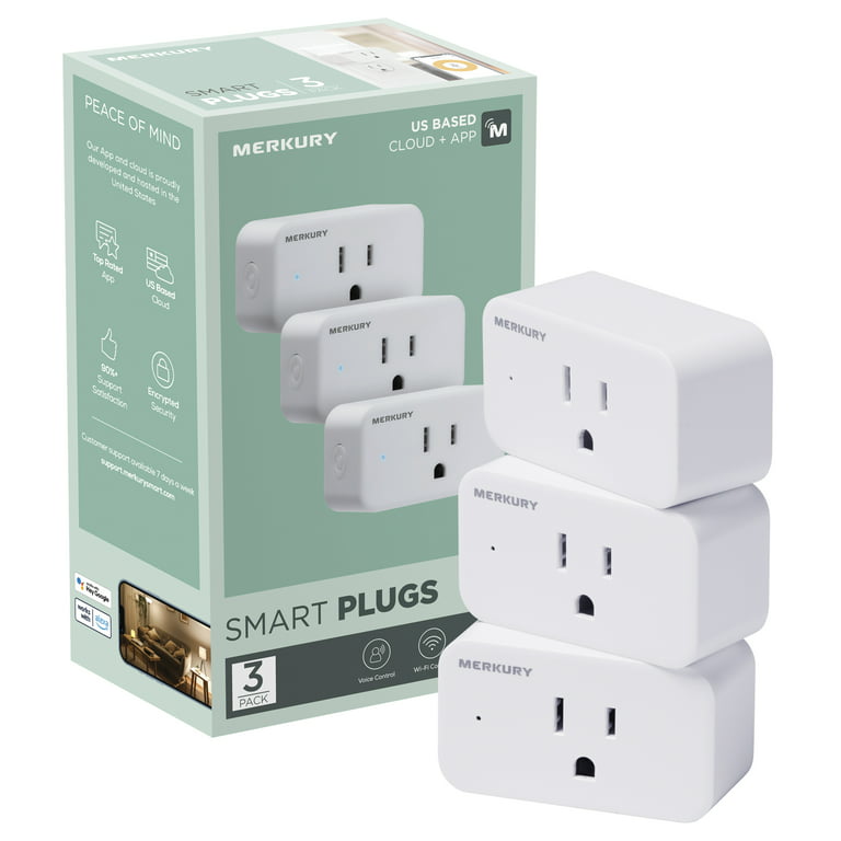 Merkury Smart Wi-Fi Plug, Compatible with Alexa and Google Assistant, 3  Pack, White 