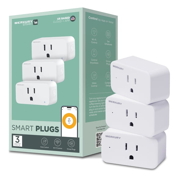 Open Box Merkury Smart Wi-Fi Plug - Smart Outlet Compatible with Alexa & Google, White (3-Pack)