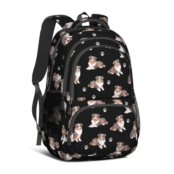 Merle Australian Shepherd and Dog Paw Cute School Backpack Bag with Padded Back and Adjustable Shoulder Straps 16.9 X 12.6 X 5.9 Inches