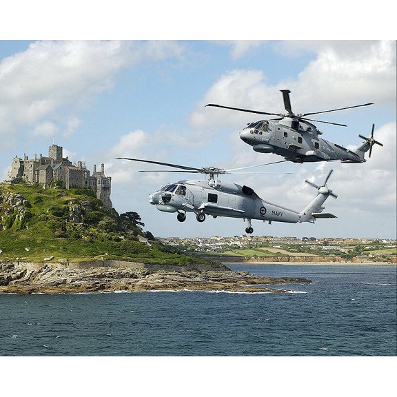 Merlin and Seahawk Over St. Michael's Mount Style - A - 24x36 Inch Laminated Aviation Poster - Stunning Detail and Bold Colors
