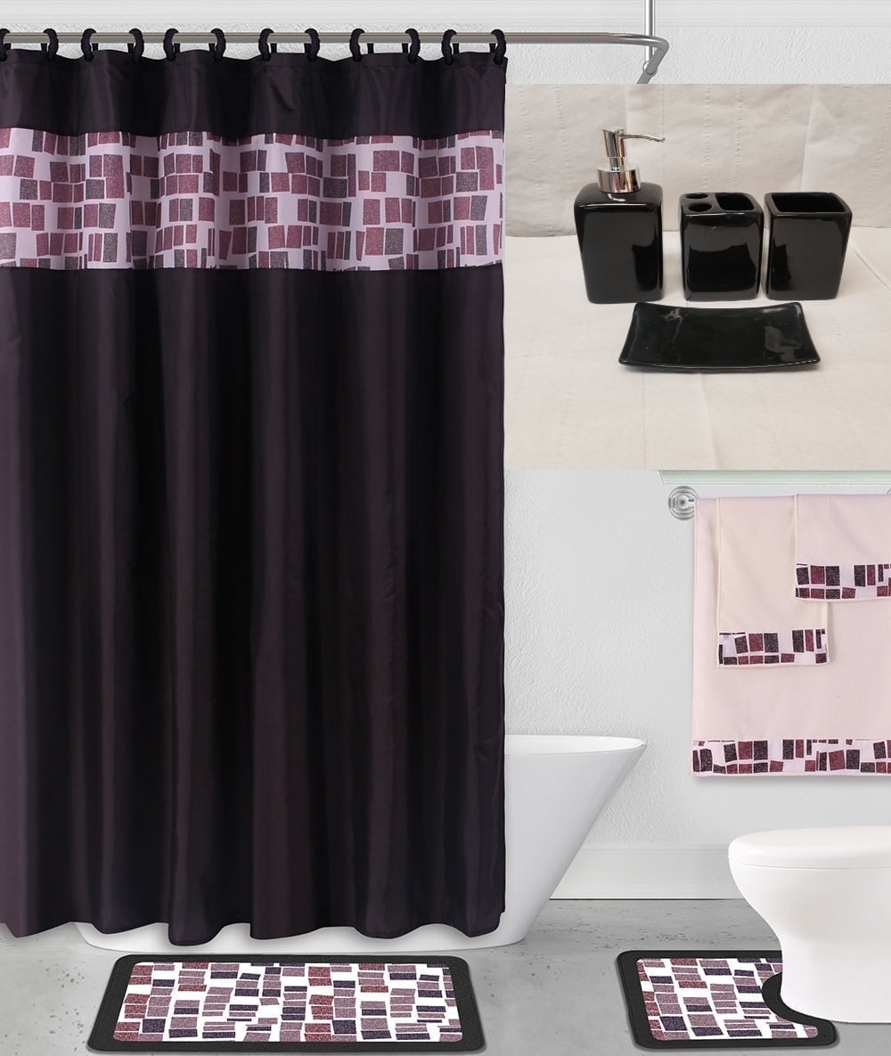 Luxury Bathroom accessories set package includes : 2 rugs mat non slip, 1 shower curtain with 12 hooks and 4 piece ceramic accesories print design merlin black
