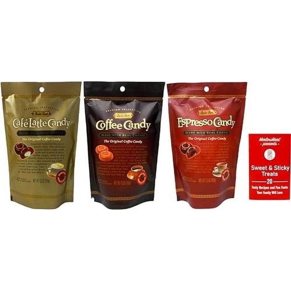 Bali's Best Real Coffee Candy 3 Flavor Variety (1) Each: Original, Cafe' Latte, Espresso (5.3 Ounces) + MerlinMart Zine